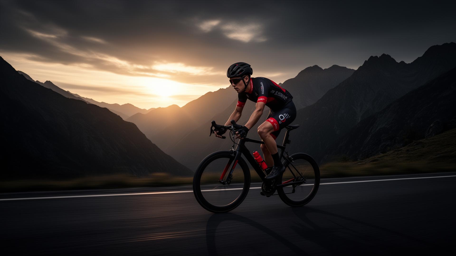 Ciclista en ruta de montaña al amanecer